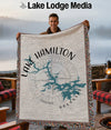 Woven blanket with Lake Hamilton Arkansas map, compass, and fringe.
