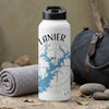 White water bottle with Lanier map and compass graphic, black lid.