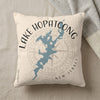 Cream pillow with blue Hopatcong lake map and compass, New Jersey text.