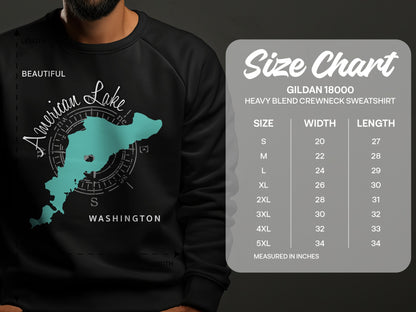 Black sweatshirt with American Lake map graphic and size chart.