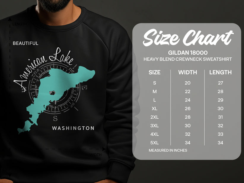Black sweatshirt with American Lake map graphic and size chart.