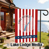 Garden flag with red and white stripes, Lake George map, and "The Smith Family".