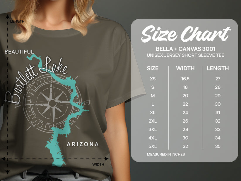 T-shirt size chart with compass design featuring "Bartlett Lake Arizona."