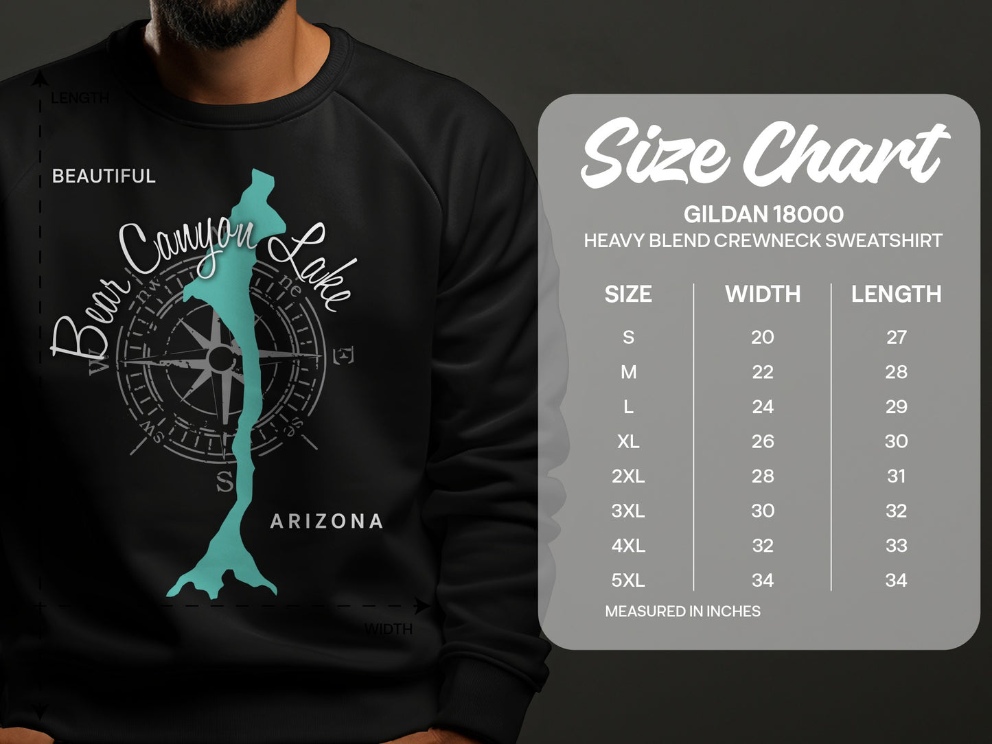 Bear Canyon Lake Arizona graphic on a grey sweatshirt with a size chart.