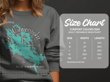 Comfort Colors 1566 sweatshirt size chart with measurements in inches.