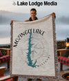 Woven blanket with Mozingo Lake, Missouri map design and compass rose.