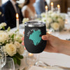 Black tumbler with a teal map of Lake Moultrie, South Carolina.
