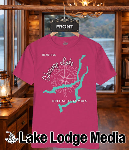 Pink t-shirt with a compass rose and "Shuswap Lake British Columbia" graphic.
