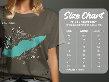 Size chart for Bella+Canvas 3001 unisex short sleeve tee with Lake Erie graphic.
