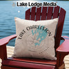 Pillow on red chair with Lake Charleston map and compass design.