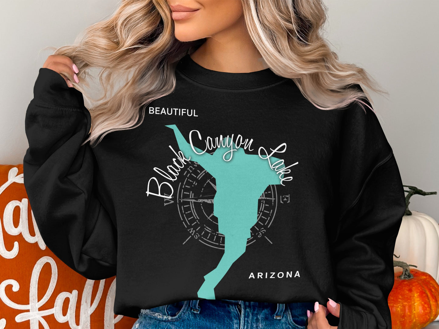 Black Canyon Lake Arizona compass graphic on a black sweatshirt.