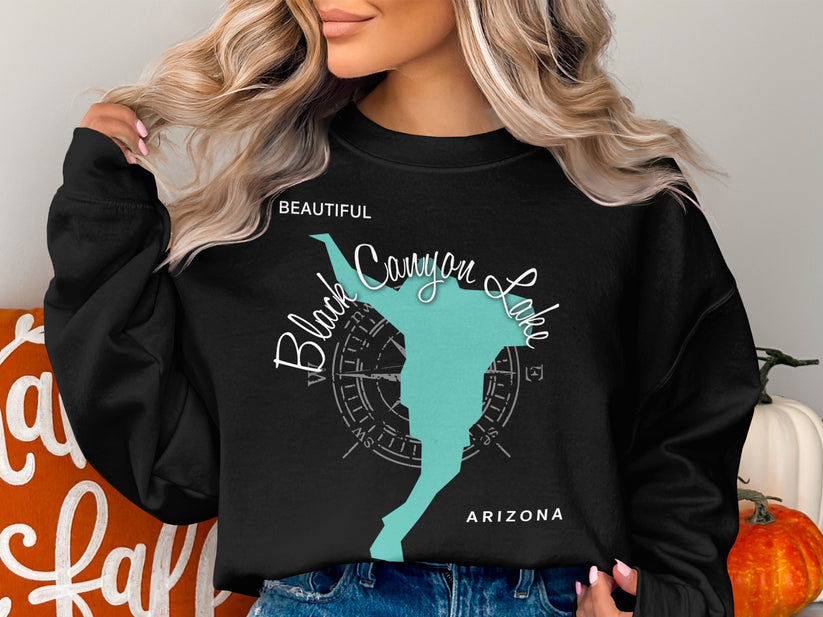 Black Canyon Lake Arizona compass graphic on a black sweatshirt.