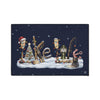Christmas lake scene with a bear, fishing gear, and festive lights on a dark blue background.