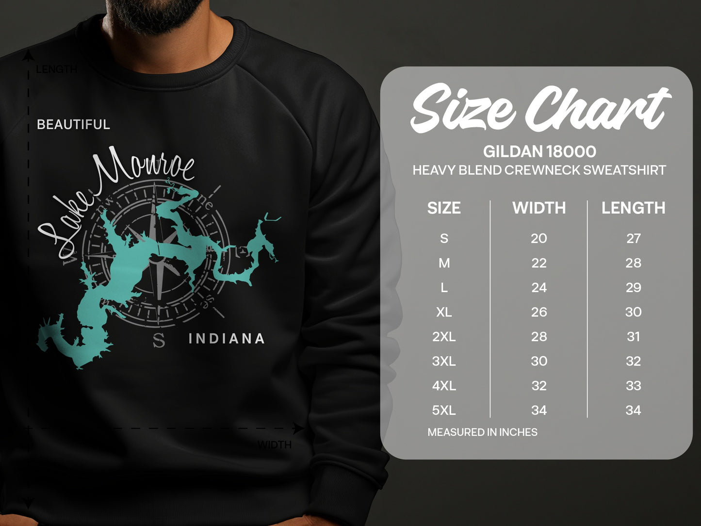 Gildan 18000 sweatshirt size chart with Lake Monroe graphic.