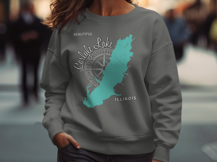 Gray sweatshirt with "Carlyle Lake Illinois" and compass graphic.