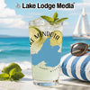 Glass with "Lake Mendota Wisconsin" graphic, lime, mint, and sunglasses.