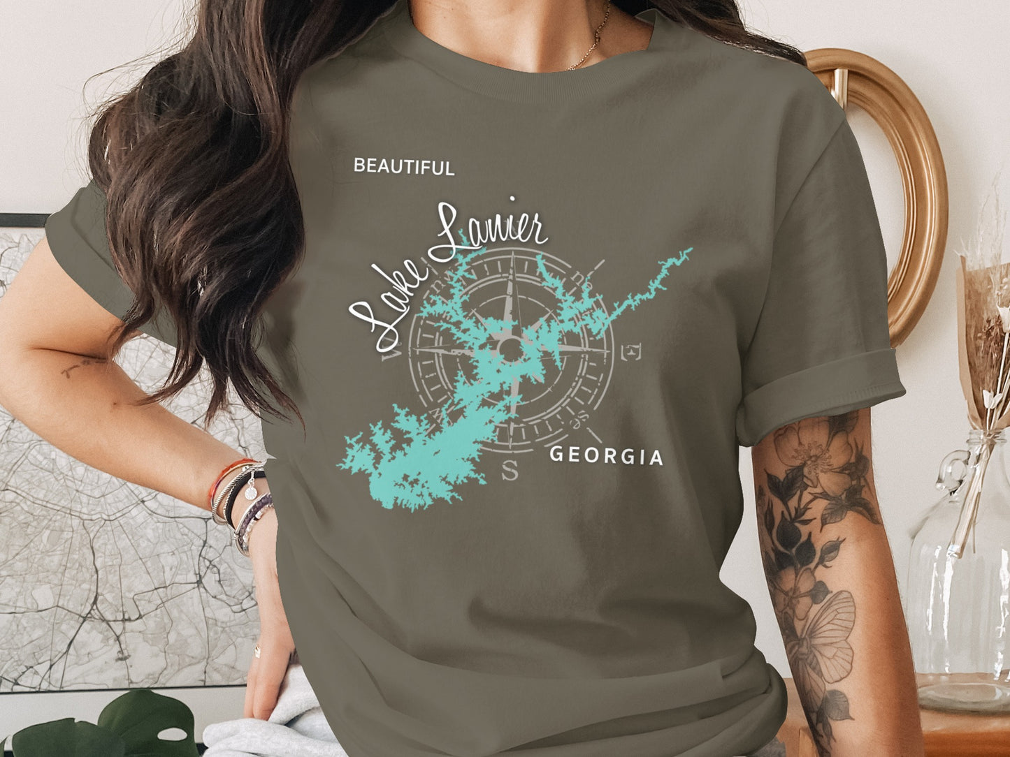 Olive green t-shirt with "Lake Lanier Georgia" compass graphic.