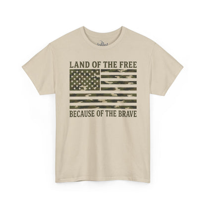 Land of the Free Because of the Brave T-Shirt | American Flag Tee | Patriotic Camo for Veterans and Fourth of July