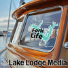 Fork Life logo sticker on a wooden boat window with Lake Lodge Media text.