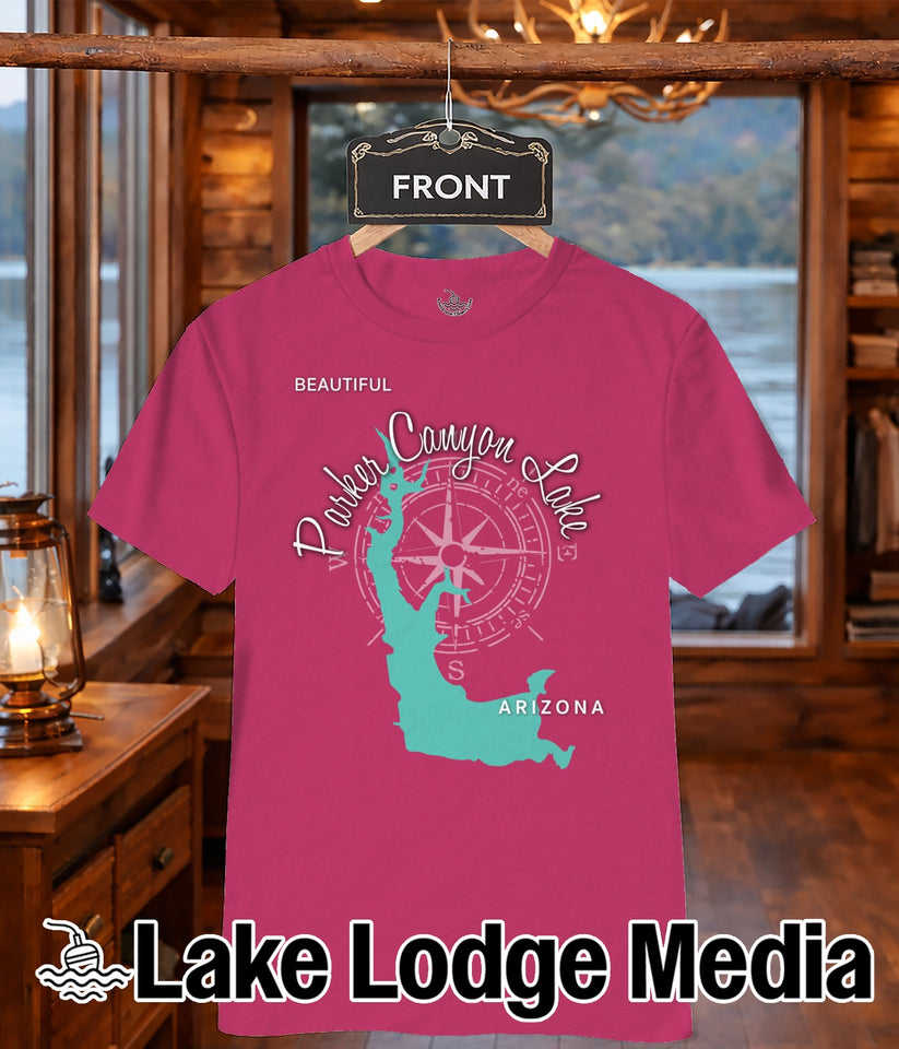 Pink t-shirt with "Parker Canyon Lake" map graphic and "Lake Lodge Media" logo.