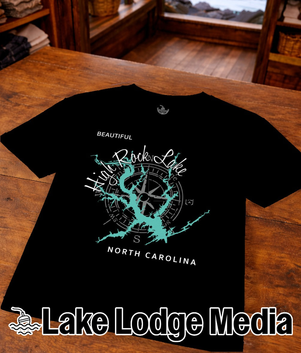 Black t-shirt with a compass rose graphic and "Beautiful Hind Rock Lake North Carolina" text.