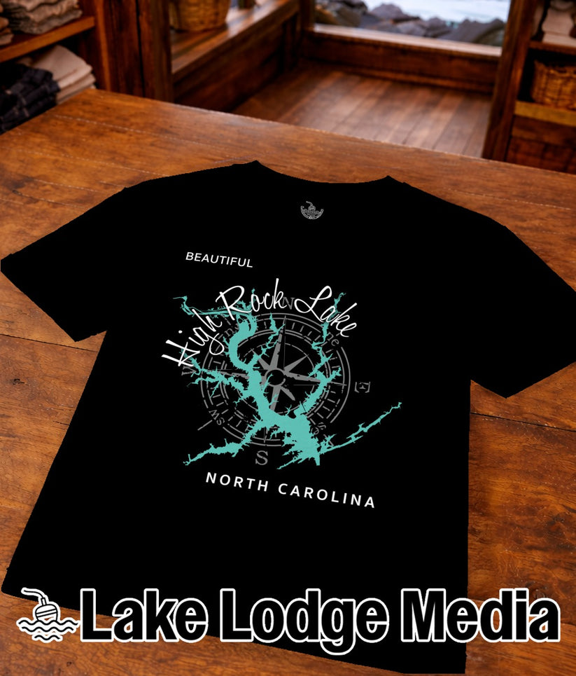 Black t-shirt with a compass rose graphic and "Beautiful Hind Rock Lake North Carolina" text.