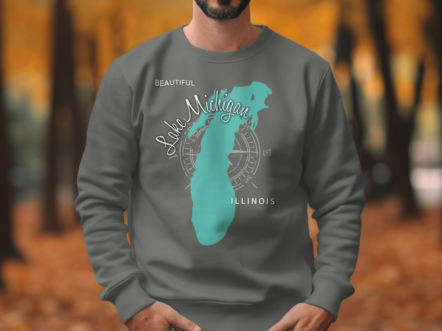 Grey sweatshirt with "Beautiful Lake Michigan Illinois" map graphic.