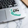 Arkabutla Life sticker on a laptop keyboard featuring a teal lake graphic.