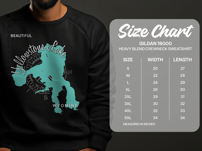 Sweatshirt size chart with Yellowstone Lake graphic and GILDAN 18000 details.