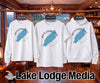 White sweatshirt, short sleeve shirt, and hoodie with a blue Rattlesnake Lake map graphic.