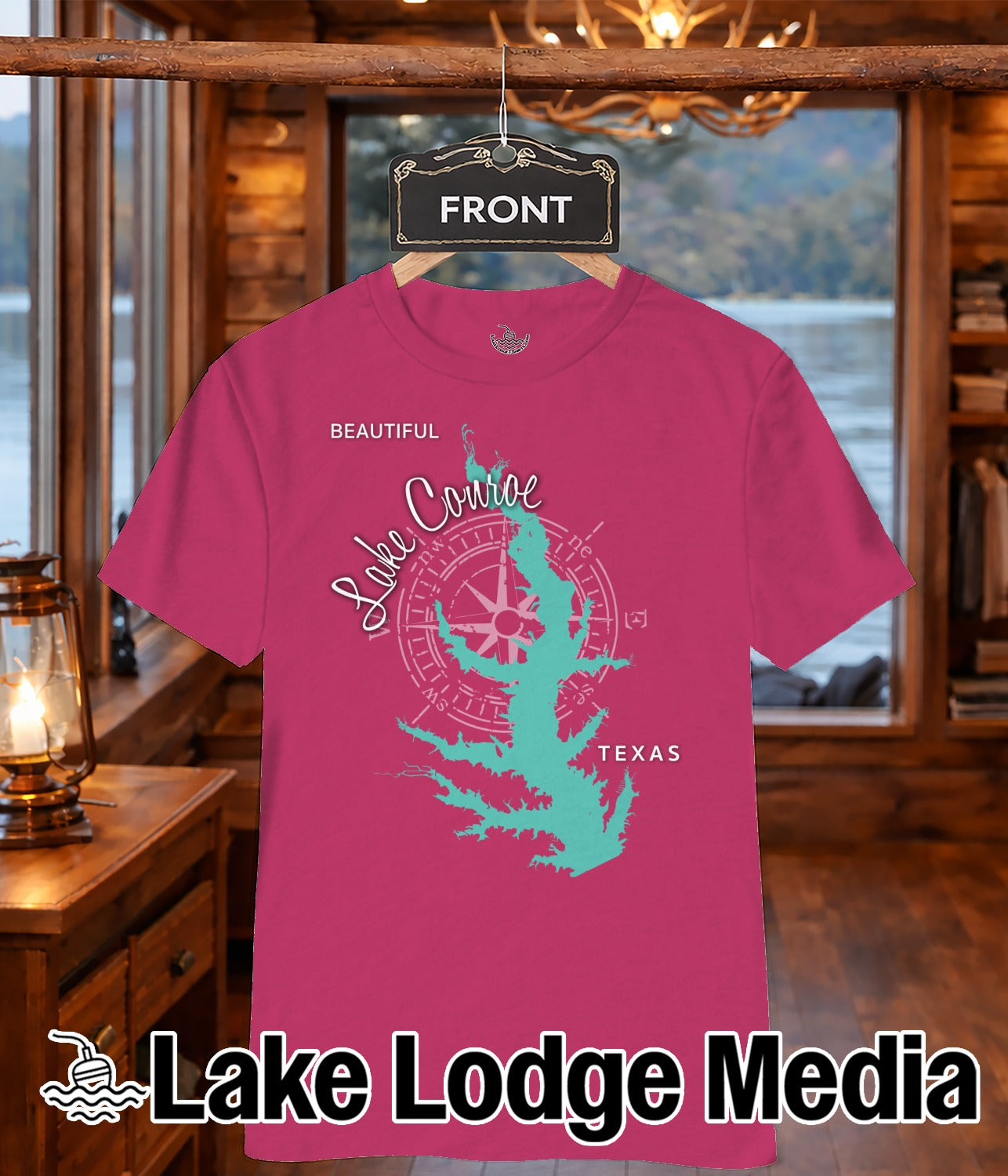 Pink t-shirt with turquoise lake map graphic and "Lake Conroe Texas" text.