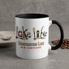 White mug with "Lake Life" and "Merrymeeting Lake New Hampshire" text and nautical graphics.