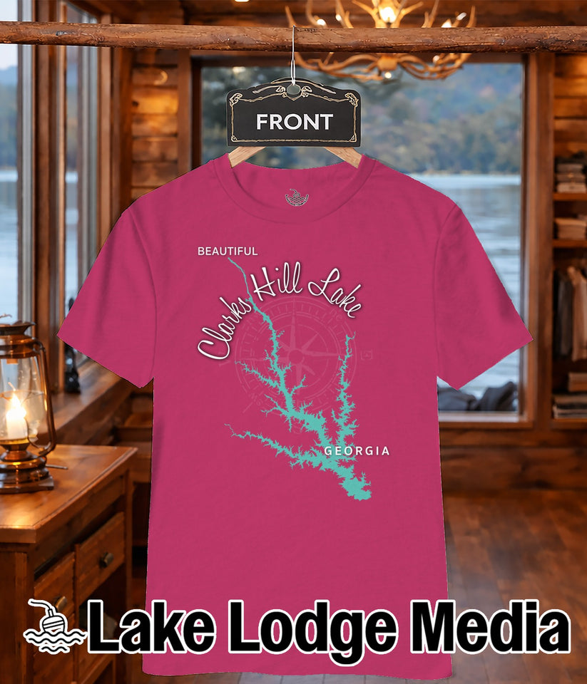 Pink t-shirt featuring a map of Clarks Hill Lake, Georgia.