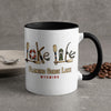 White mug with "Lake Life" and Flaming Gorge Lake, Wyoming design.