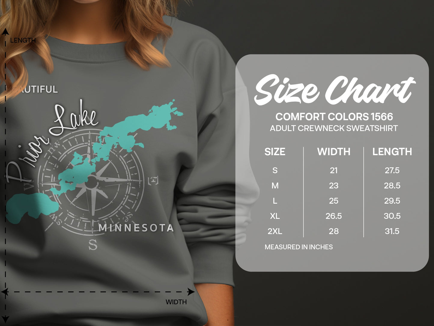 Crewneck sweatshirt size chart with lake graphic and measurements.