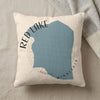 Pillow with blue Red Lake, Minnesota map design and text.