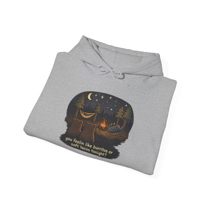 Campfire Bears Humor Hoodie, People in Sleeping Bags are Bear Burritos and Tacos Joke, Camping Hiking Smores Bonfire Apparel