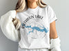 White t-shirt with blue Rathbun Lake map over a compass and "Rathbun Lake Iowa" text.