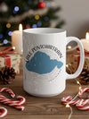 White mug with "Lake Pontchartrain Louisiana" text and blue lake silhouette.