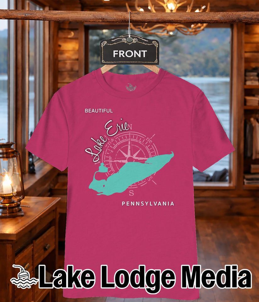 Pink t-shirt featuring a teal map of Pennsylvania and compass rose with "Lake Erie" text.