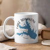 White mug with blue Lake Tawakoni Texas map and compass rose design.