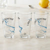 Three clear glasses with "Lake Sonoma California" map and compass design.