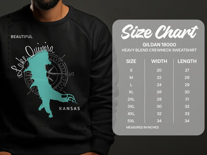 Lake Quivira map and size chart for Gildan 18000 sweatshirt.