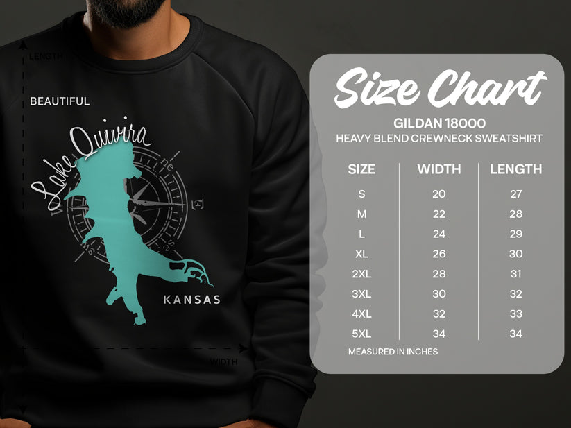 Lake Quivira map and size chart for Gildan 18000 sweatshirt.