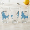 Three clear glasses feature a blue map of Shaver Lake, California and a compass rose.