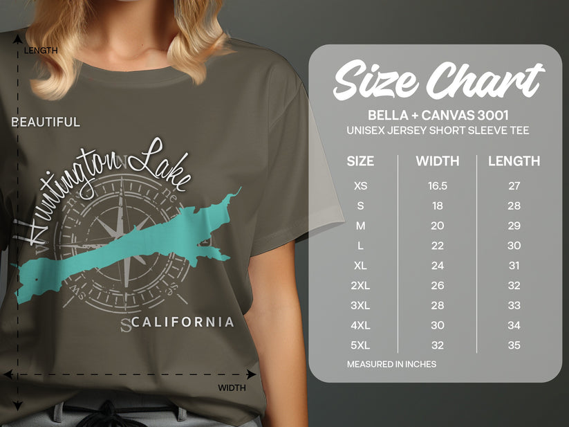 T-shirt size chart with Huntington Lake graphic and Bella + Canvas 3001 details.