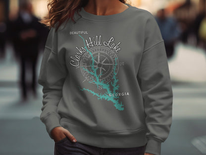 Grey sweatshirt with "Beautiful Clarks Hill Lake Georgia" and compass graphic.