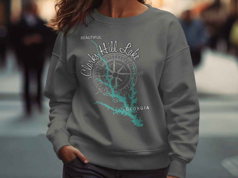 Grey sweatshirt with "Beautiful Clarks Hill Lake Georgia" and compass graphic.