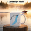 White mug with Redfish Lake, Idaho map and compass design.
