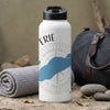 White water bottle with "ERIE" text and blue lake design on compass graphic.